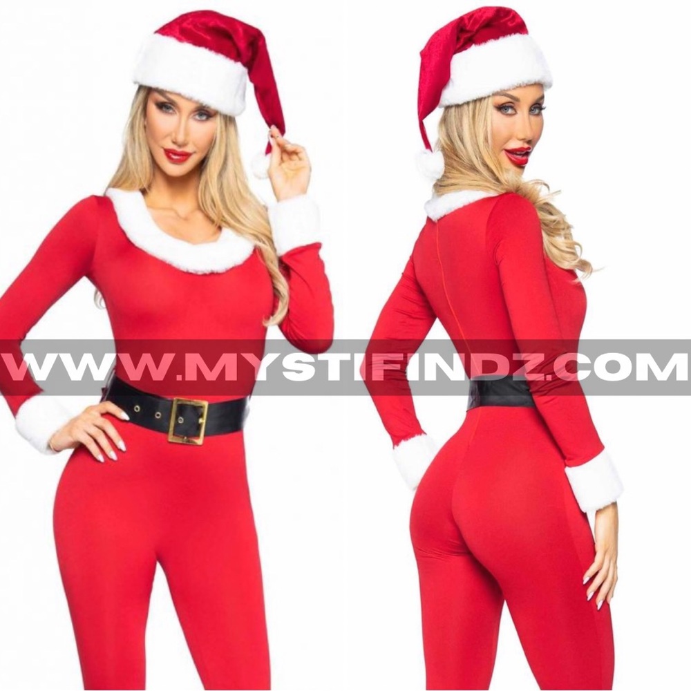 Santa Baby Spandex Jumpsuit with Fur Trim, Belt and Santa Hat (3 pieces)